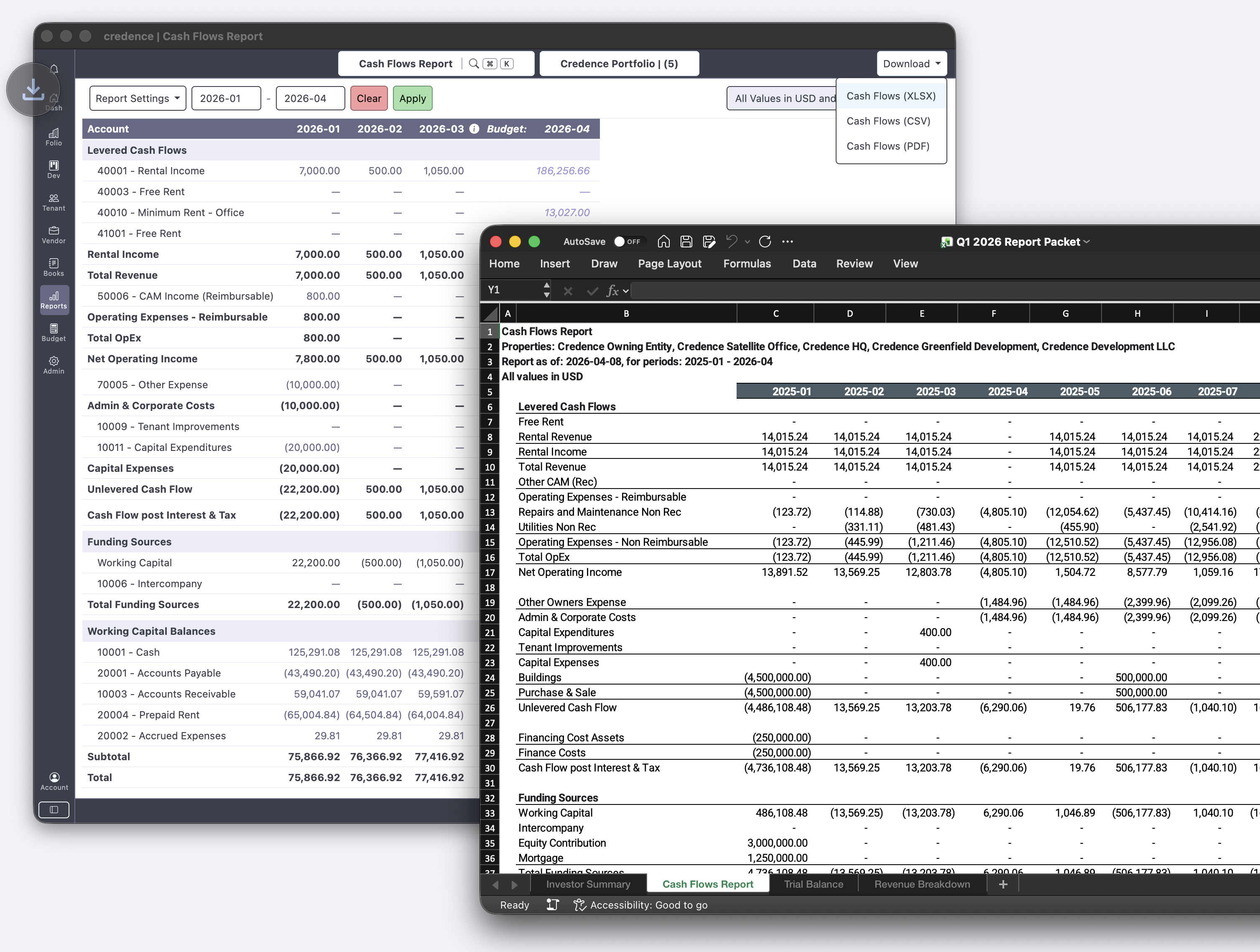 Credence product screenshot: automatically generate investor reports