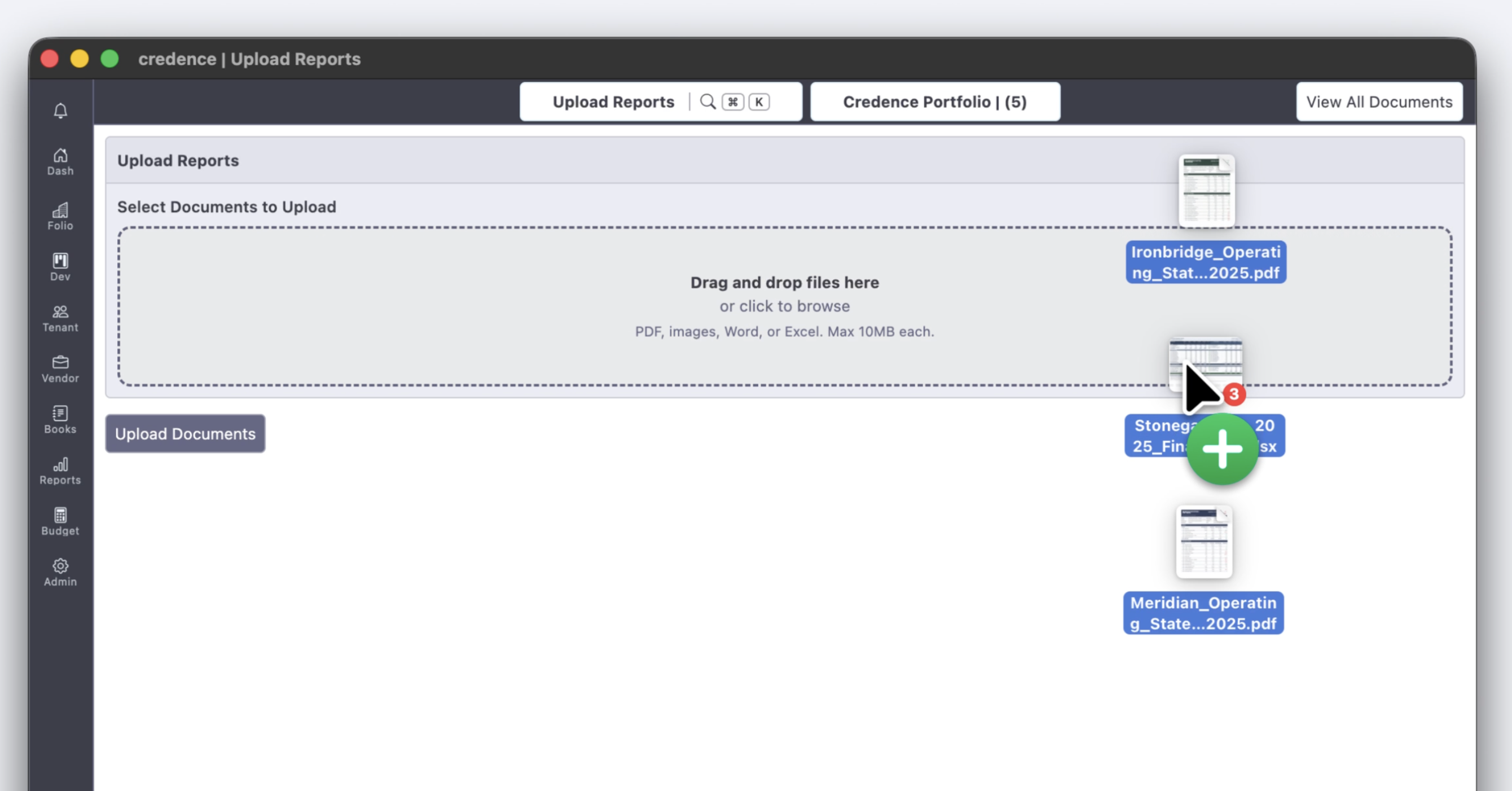 Credence product screenshot: upload partner files as they come