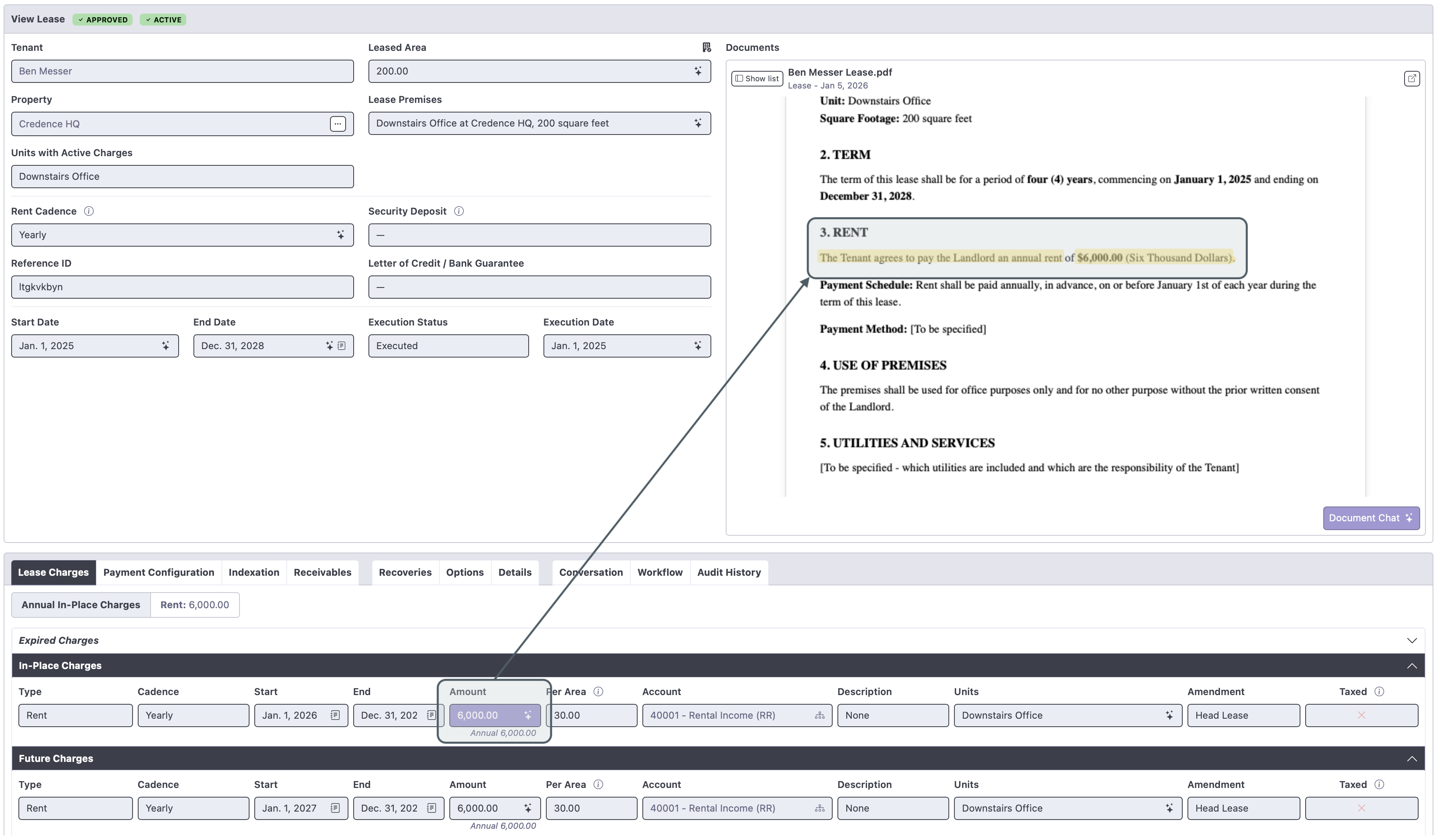 Credence product screenshot: lease abstraction with source citations