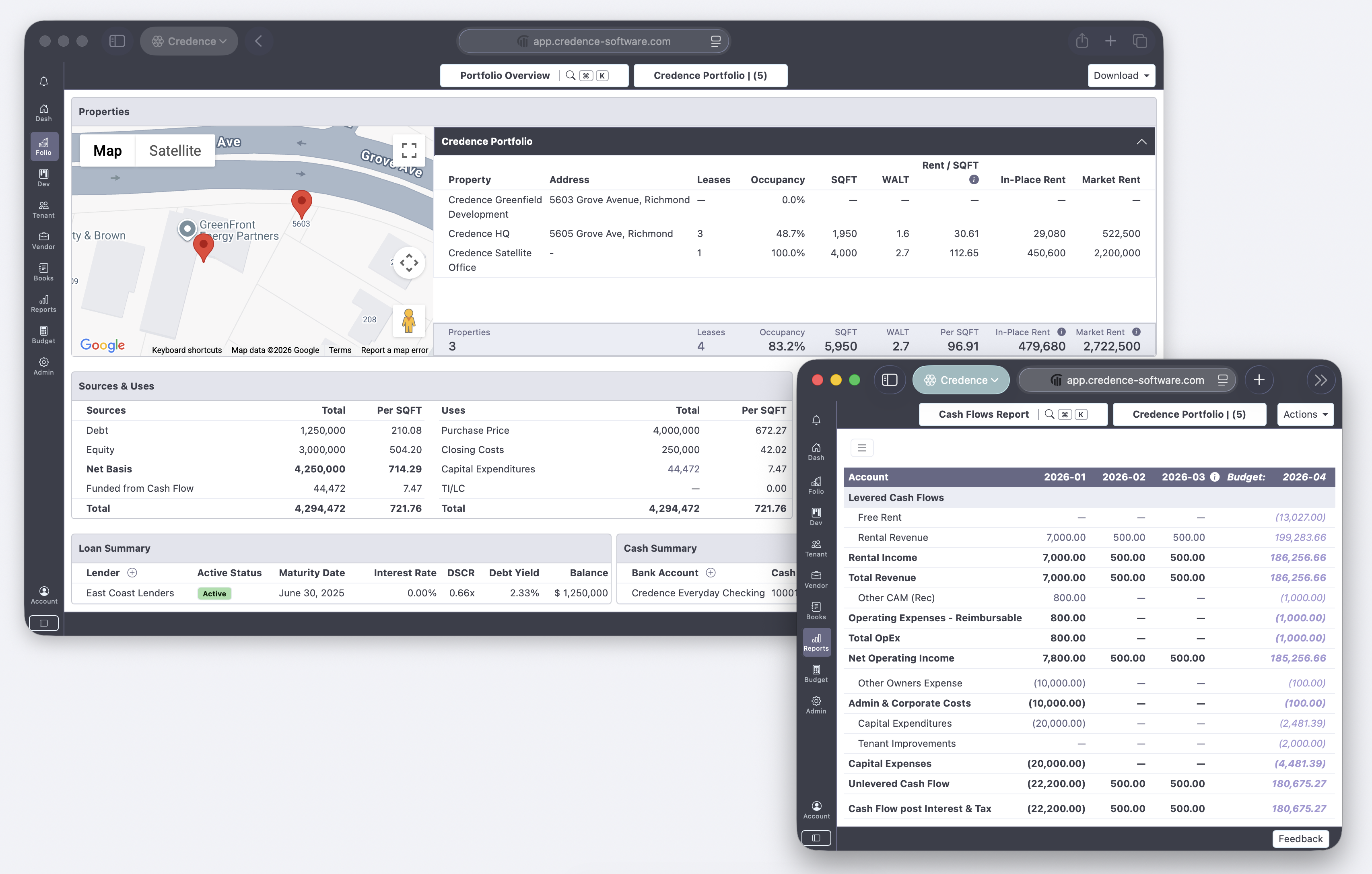 Credence product screenshot: fund and portfolio rollups